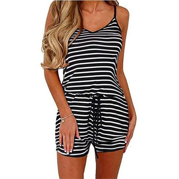 

women adjustable waist drawstring jumpsuit slash neck strap sling striped v-neck bodysuit summer sleeveless beach daily jumpsuit, Black;white