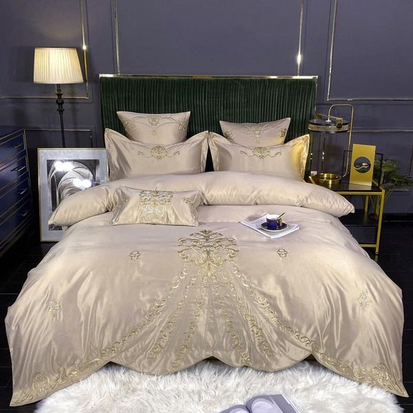 

luxury 60s satin silk cotton fine embroidery bedding set double fitted textile duvet bed sheet home pillowcases linen cover set