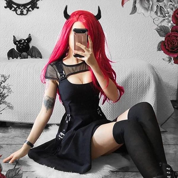 

gothic black dress mesh harajuku grunge women mini dress streetwear fashion female a line summer dresses, Black;gray