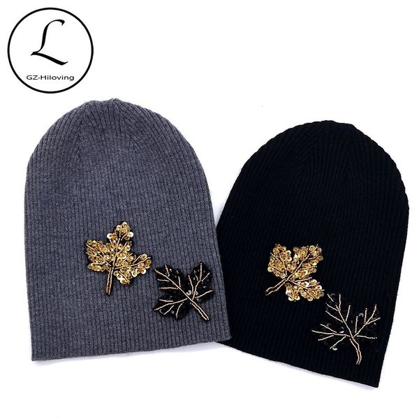 

gzhilovingl spring women tree beads rhinestones knitting slouch hats caps female soft cotton wool baggy thin ribbed beanies hats y200102, Blue;gray