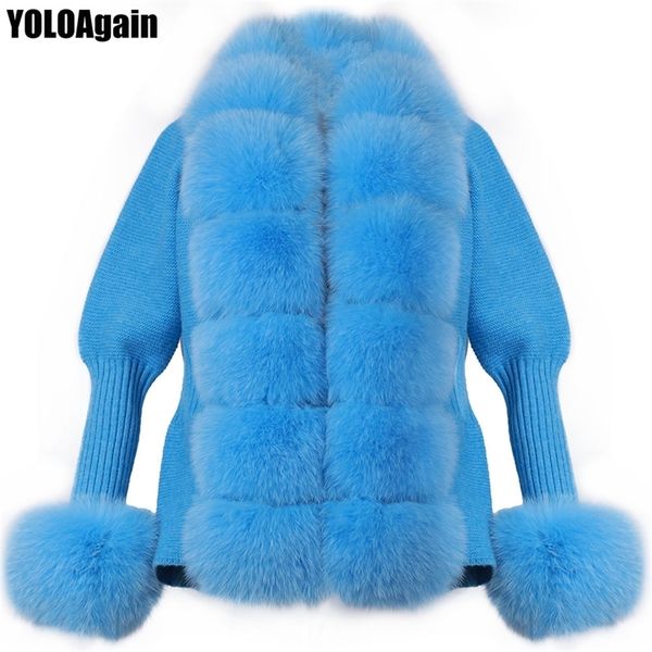 

yoloagain fashion warm women bubble sleeves real fox fur collar wool sweater cardigan jacket 201212, Black
