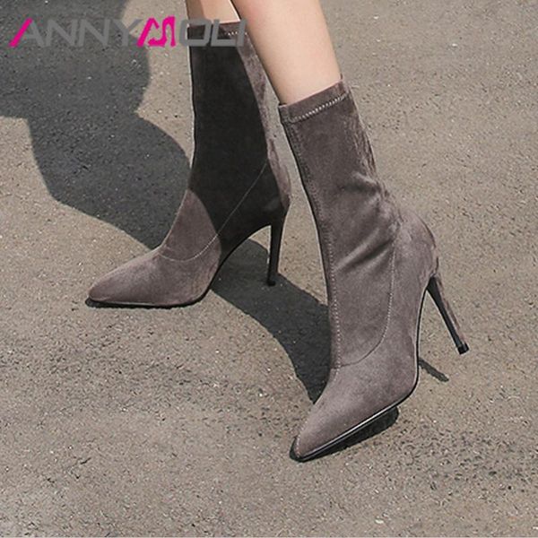 

annymoli fall elastic boots women real leather thin heels mid-calf boots slim stretch extreme high heel sock shoes ladies winter, Black