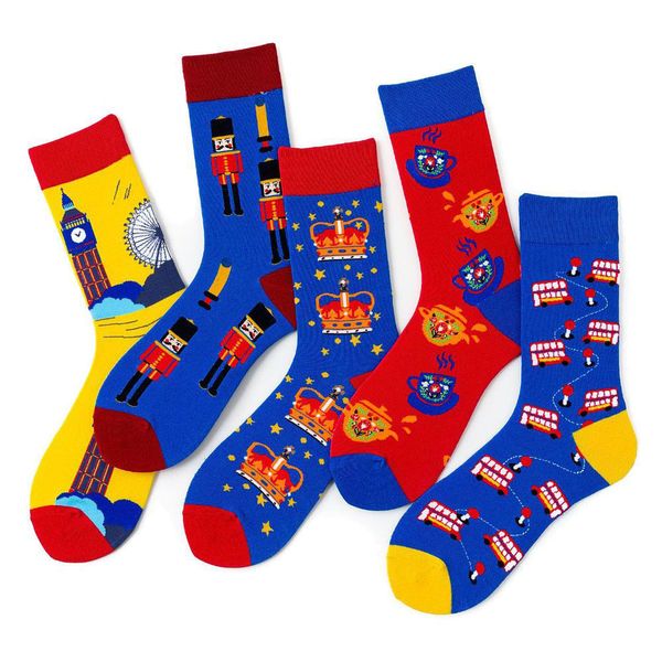 

happy mens socks double-decker bus guard crown big ben ferris wheel teapot funny socks combed cotton calcetines largos hombre, Black