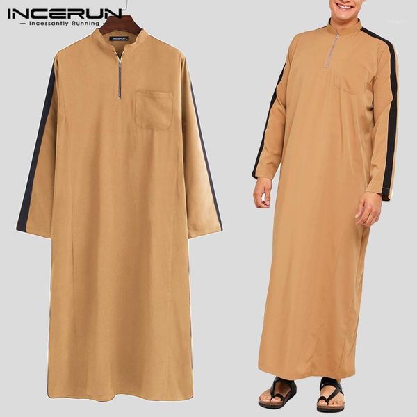

men jubba thobe islamic arabic robes patchwork stand collar long sleeve muslim kaftan elegant saudi arabia abaya incerun s-5xl1, Red
