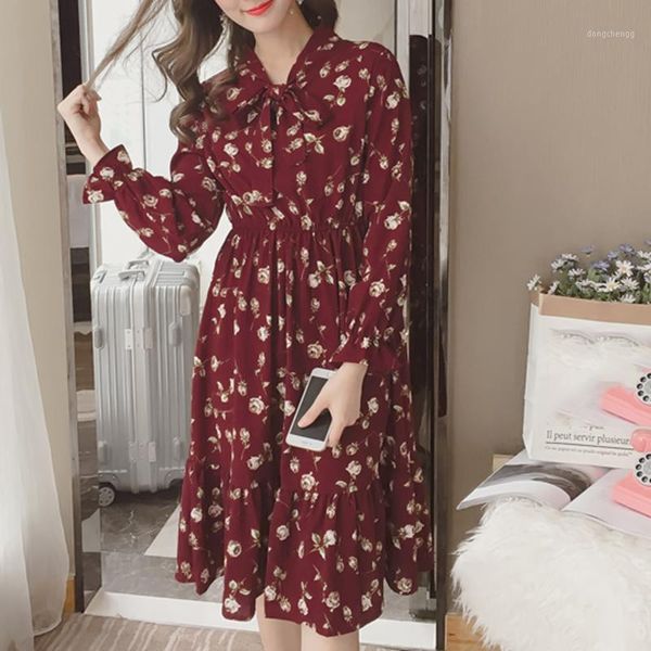 

summer korean chiffon women dress elegant ladies vintage long dress boho floral office long sleeve vestidos clothing 5lyq0031, Black;gray