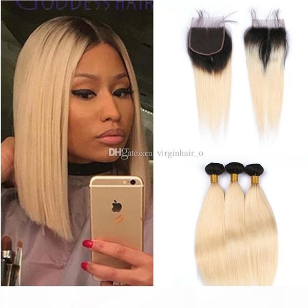 

blonde ombre hair with closure 4pcs lot 1b 613 dark root ombre two tone virgin straight human hair bundles with 4x4 lace closure, Black