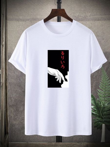 

men japanese letter & figure graphic tee 64oj#, White;black