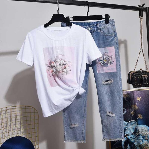 

2020 summer new female t-shirt sequins flowers loose short sleeve t shirt + fashion hole jeans two piece set women clothes d36201, White