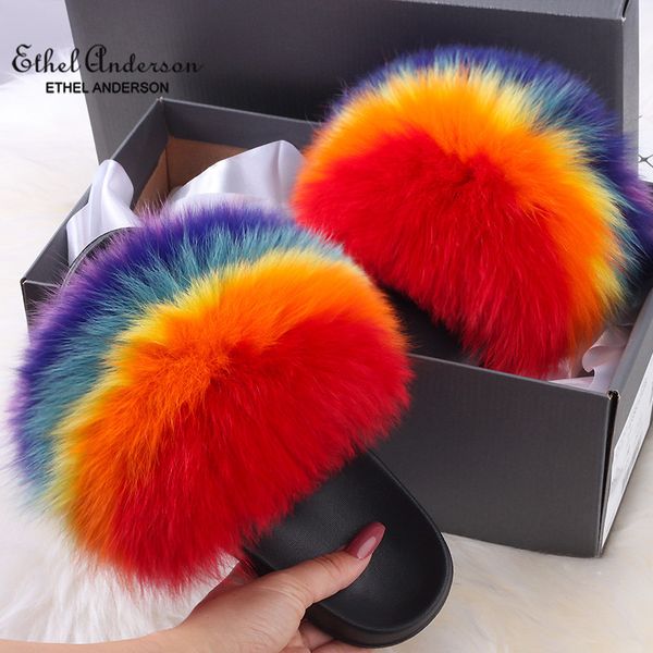 

ethel anerson women casual booming beach sandals and real fluffy fox raccoon fur slippersslides flip flops plush shoes x1020, Black