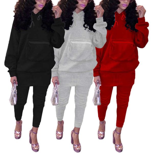 

autumn winter ly1012 and women's solid fashion color big pocket stereo bag sports leisure two piece hooded suit, Gray