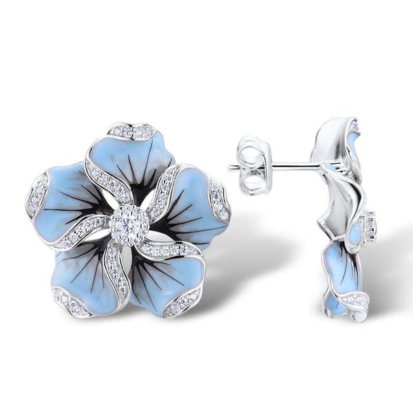 

februaryfrost brand romantic blue flower stud earring for women with cz crystal zircon stone delicate party holiday earring statement jewelr, Golden;silver