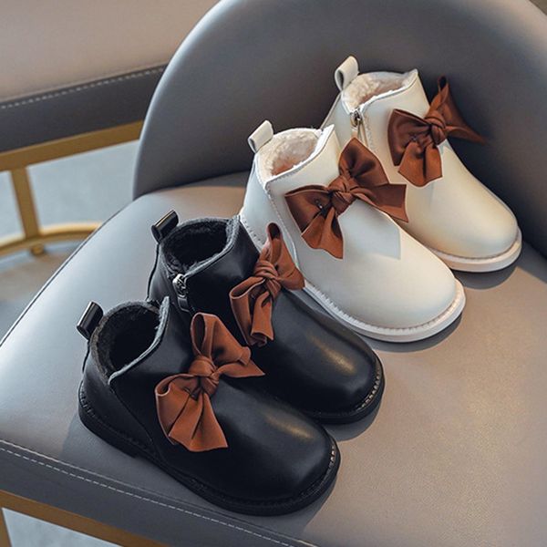 

2020 fashion warm winter girls princess bow shoes pu leather velvet thicken boots sapatos s11734, Black