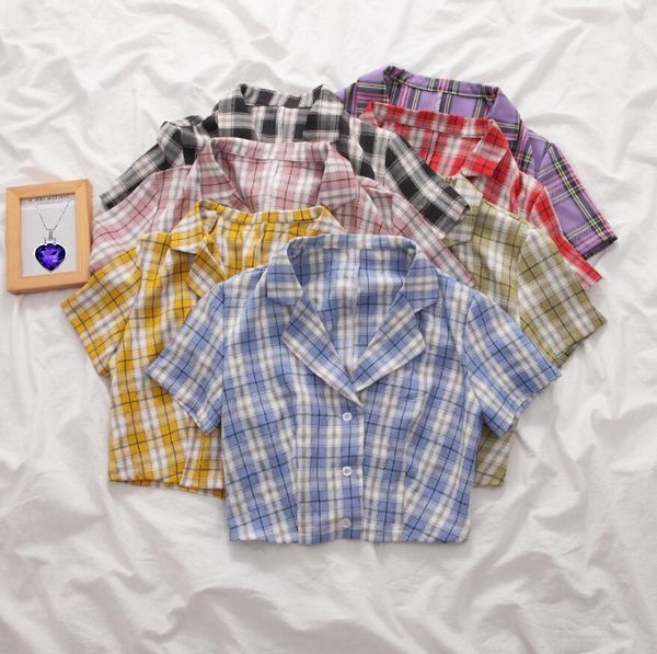 

2020 summer korean blouse women vintage crop shirt streetwear plaid ladies elegant button up shirt crop shirts, White