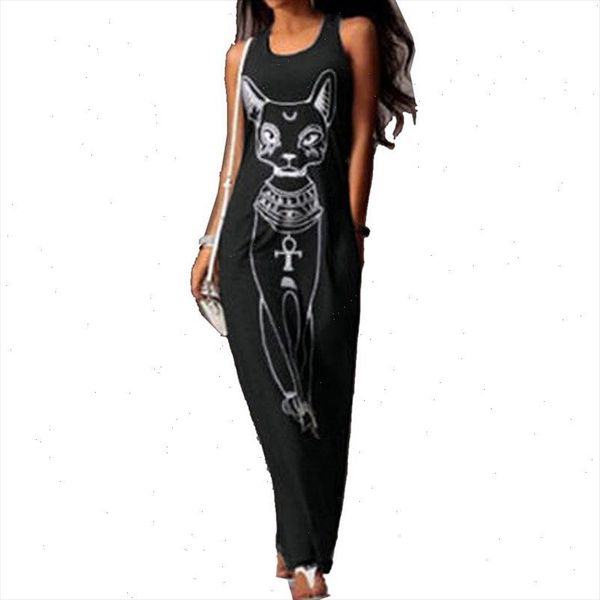 

2021 women summer dress evening party bodycon dress vestidos long maxi dress casual cat print boho beach mujer xxxl, Black;gray