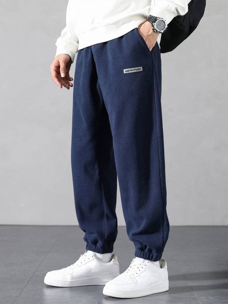 

men slogan patch detail fleece pants r9pb#, Black