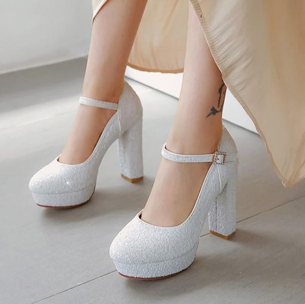 

pxelena charming bride white wedding shoes women bling sequined chunky block high heel dress evening party pumps 2021 lady 34-43, Black