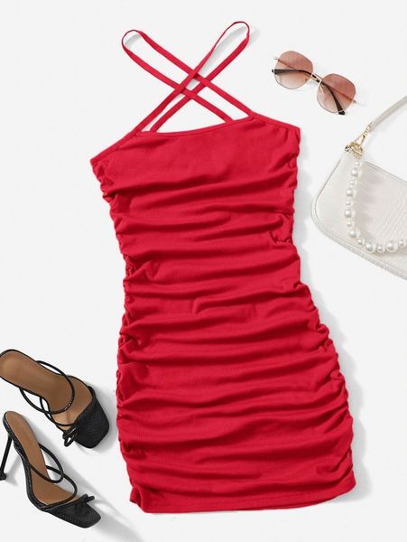 

ruched detail cross halter dress d2c4#, Black;gray
