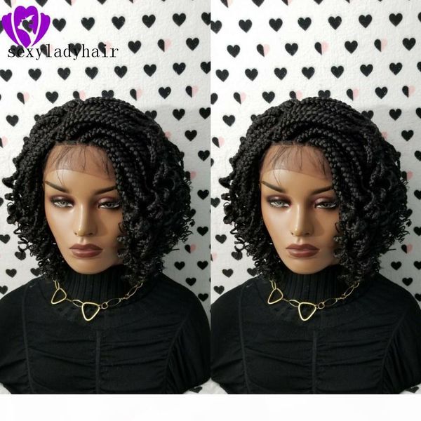 

popular perruques short curly braided lace front wig natural black bob box braids synthetic wig ing, Black;brown