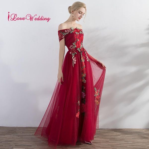 

new fashion 2019 off the shoulder lace embroidery a line red tulle prom dresses long prom party gown1, White;black