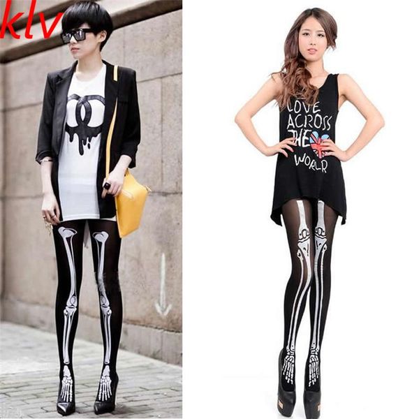 

klv 2020 creative punk halloween costume women skull stocking tights punk bone women fashion thigh high sale, Black;white