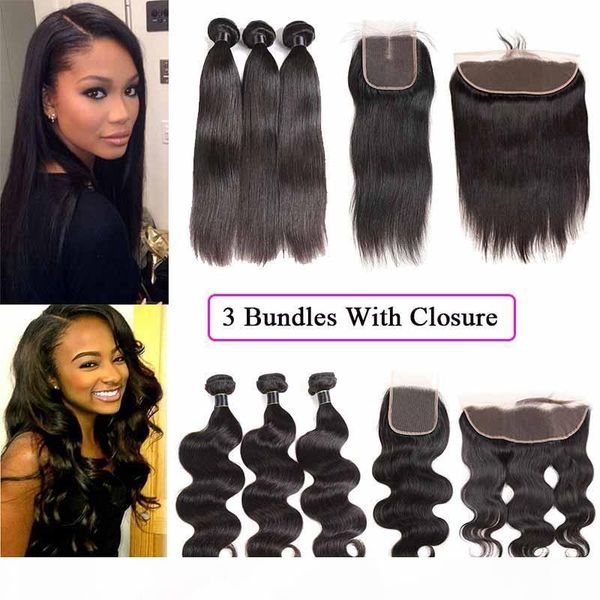 

бразильский девы волос с замыканиями прямых малазийского body wave virgin hair 3 связкой с 4x4 шнурком закрытие дешевых утки человеческих во, Black