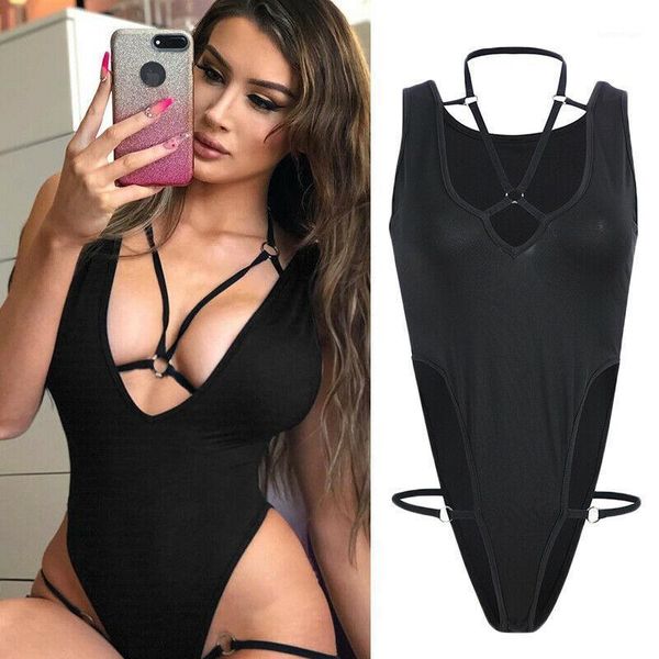 

women's jumpsuits & rompers 2021 fashion summer women bandage bodysuit sleeveless v neck stretch leotard jumpsuit 1, Black;white