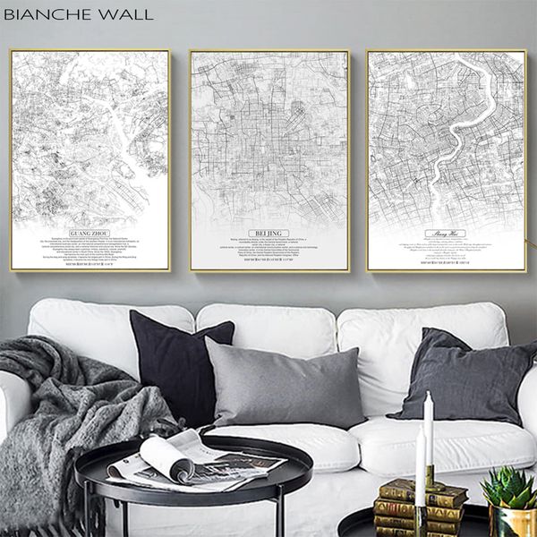 

bianche wall black white china city map posters nordic living room wall art pictures home decor canvas paintings pictures