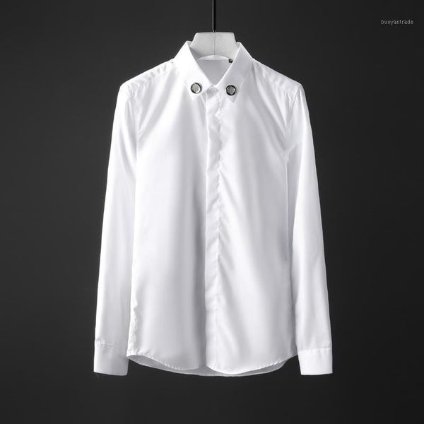 

men's casual shirts 100% cotton men shirt fashion white black long sleeve mens dress hight quality eyelets rivets collar man 4xl1