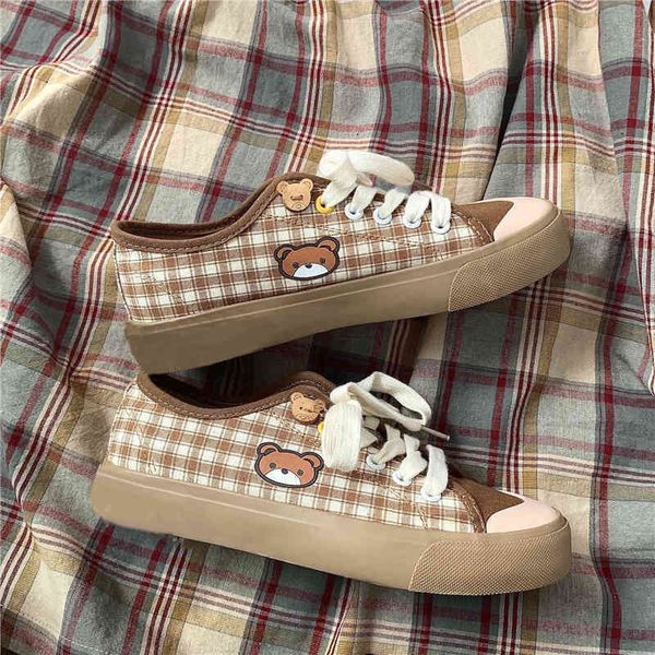 

cute bear plaid canvas shoes women's 2020 casual lace up running sneakers autumn students kawaii brown flat low vulcanize shoes 1020, Black;white