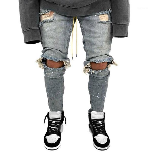 

ripped hole denim pants men skinny stretch slim fit jeans casual male drawstring trousers men jeans pants1, Blue
