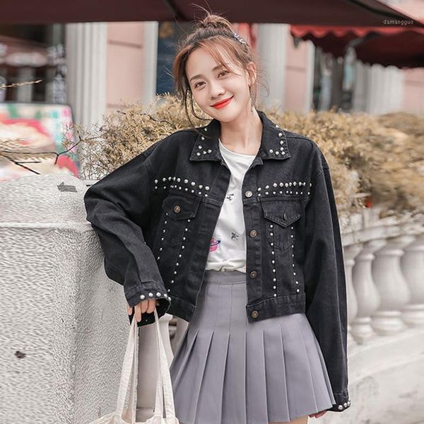 

2020 popular coat female spring new beaded black loose fashion denim jacket short high waist1, Black;brown