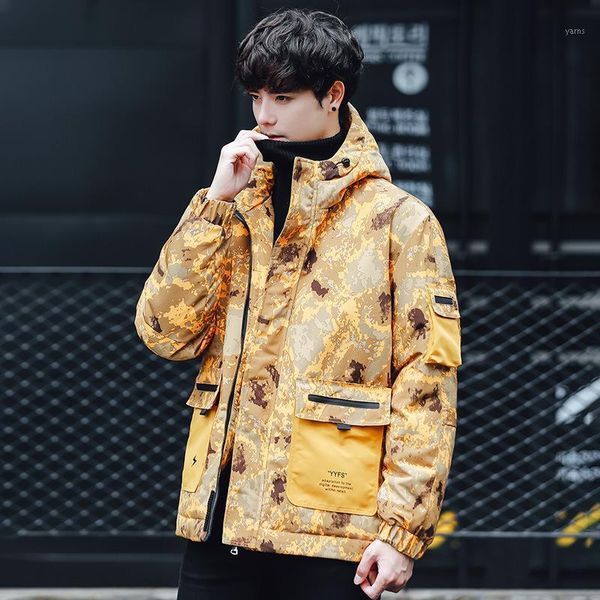 

men's winter 2021 new thick multi-pocket down jacket youth zipper casual camouflage hooded down jacket1, Black
