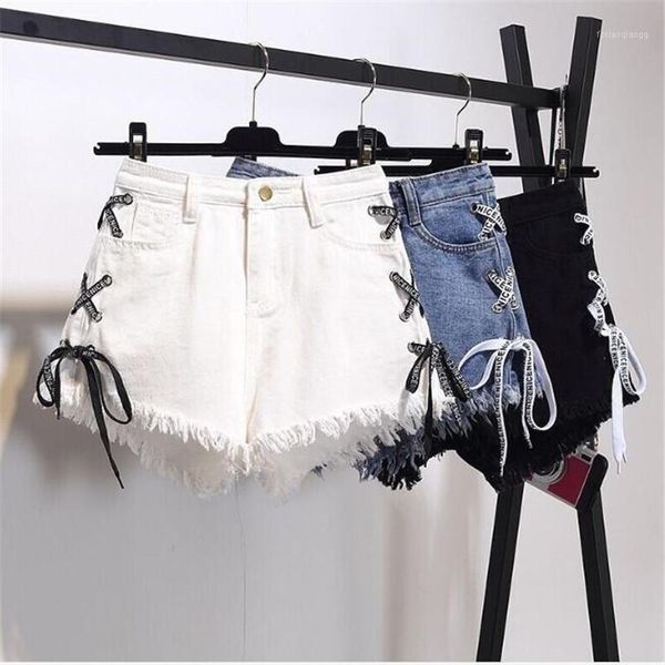 

été femmes denim shorts 2020 nouveau noir taille haute 310# déchiré court jean femmen côté à lacets bande shorts nouveau1, White;black