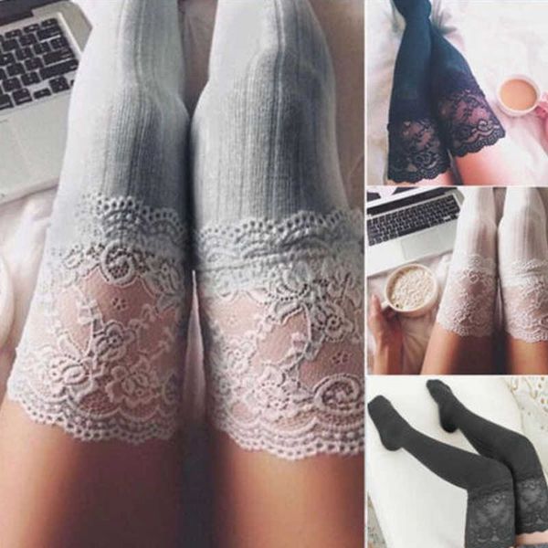 

women warm thigh high over the knee long cotton lace up solid stockings, Black;white