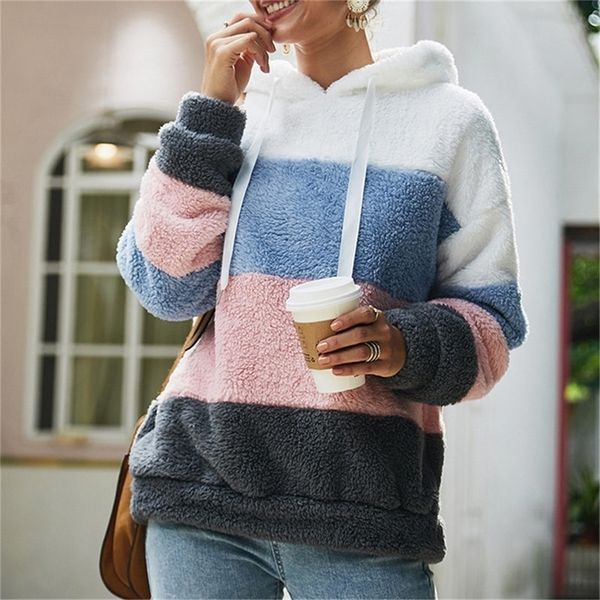 

women's fleece patchwork hooded sweatshirt rainbow striped casual warm pullover hoody winter autumn thicken hoodies female lj200815, Black