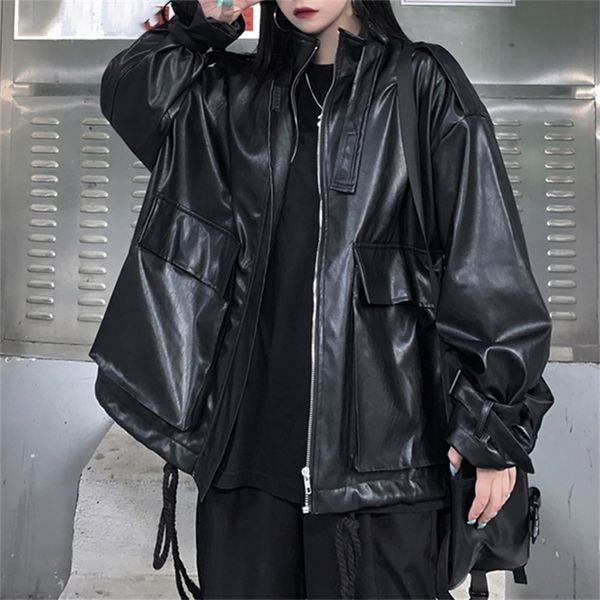 

rosetic trend gothic pu leather jacket oversize dark black girl fashion loose preppy style casual womens jackets coats autumn lj201012