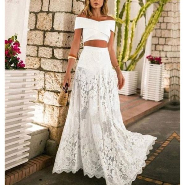 

women summer white long skirt slash neck 3 piece set lace solid beach dress party night beach vestidos vkdr2190, Gray