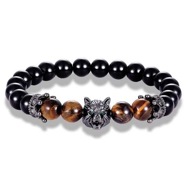 

cool man style copper wolf head charm tiger eye beads bracelet new fashion male jewelry, Golden;silver