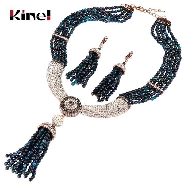 

kinel natural stone jewelry sets luxury tassel necklace and earring for women antique gold white crystal vintage wedding jewelry, Silver