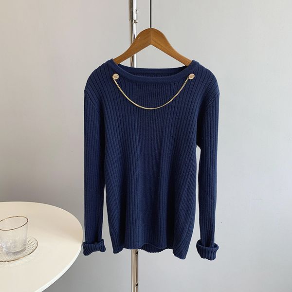 

2021 new autumn o-neck long sleeve slim thin white sweater chain decorated casual women pullovers pull femme 0ciy