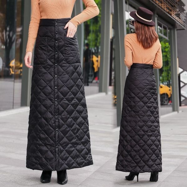 

women winter thick black plaid down cotton skirts new one step package hip button fashion large size 4xl length skirt streetwear 201109