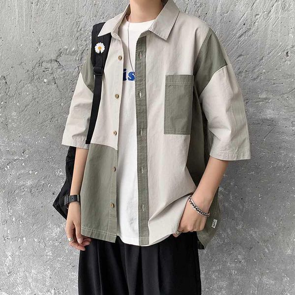 

2020 summer short sleeve shirts men loose thin casual shirts male fashion stand patchwork color shirt men1, White;black