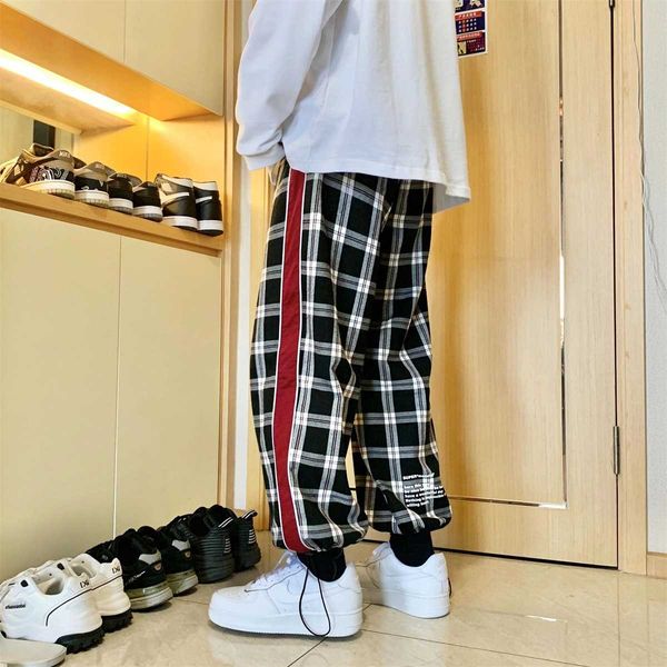 

2021 spring new color matching plaid sports loose legged capris fashionable men's casual pants, Black