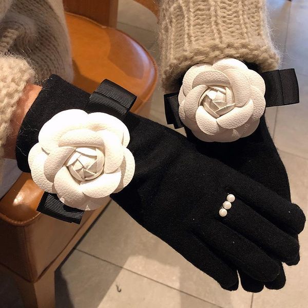

new black cashmere wool gloves women winter warm white flower bowknot mittens elegant touch screen gloves christmas gift, Blue;gray