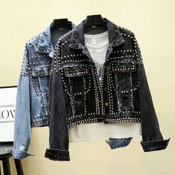 

hand studded rivet denim jacket women long sleeve short jackets ladies casual loose denim coats women short jackets streetwear1, Black;brown