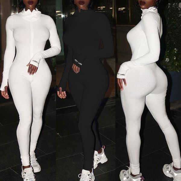 

women active wear slim jumpsuit long sleeve v-neck zipper bodycon romper skinny ladies long workout pants sporty jumpsuit, Black;white