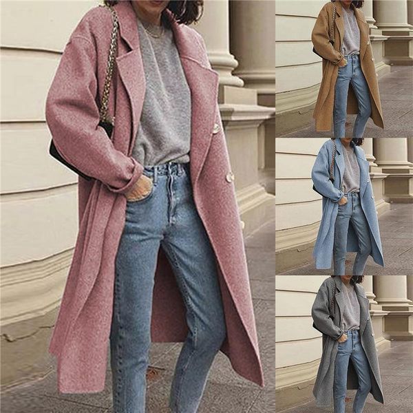 

women winter turn-down collar coat autumn button woolen outerwear coat office lady solid long sleeve warm jacket 2xl, Black