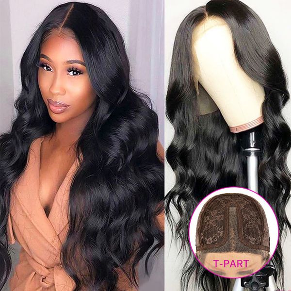 Precucked Wavy Wig Wig Raw Indian Remy Hair Hair Hair Front Fright для черных женщин T Часть Волна тела Безвездовая парик 150% Плотность Длинный плетеный парик