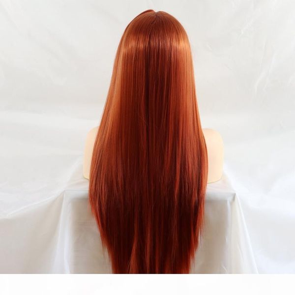 

long straight synthetic dark auburn color wig glueless heat resistant cosplay lace front wig 180% density orange copper red wigs for women, Black