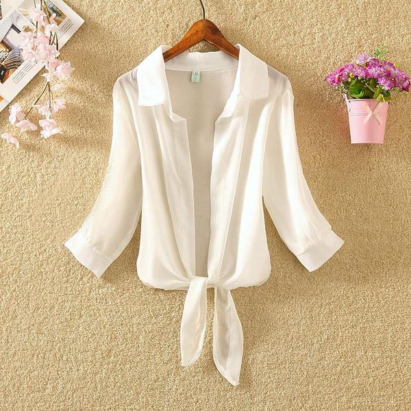 

women's blouses & shirts womens and 2021 summer beach sunscreen chiffon long sleeve leisure cardigan blouse female white shirt blusas